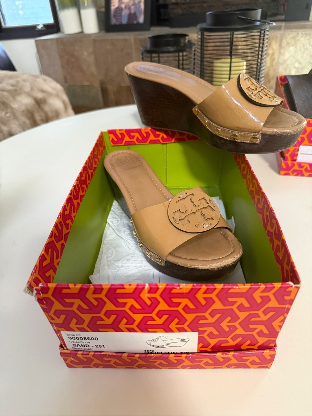 Tory Burch Sand Patent Leather Wedge Slides with Logo Medallion